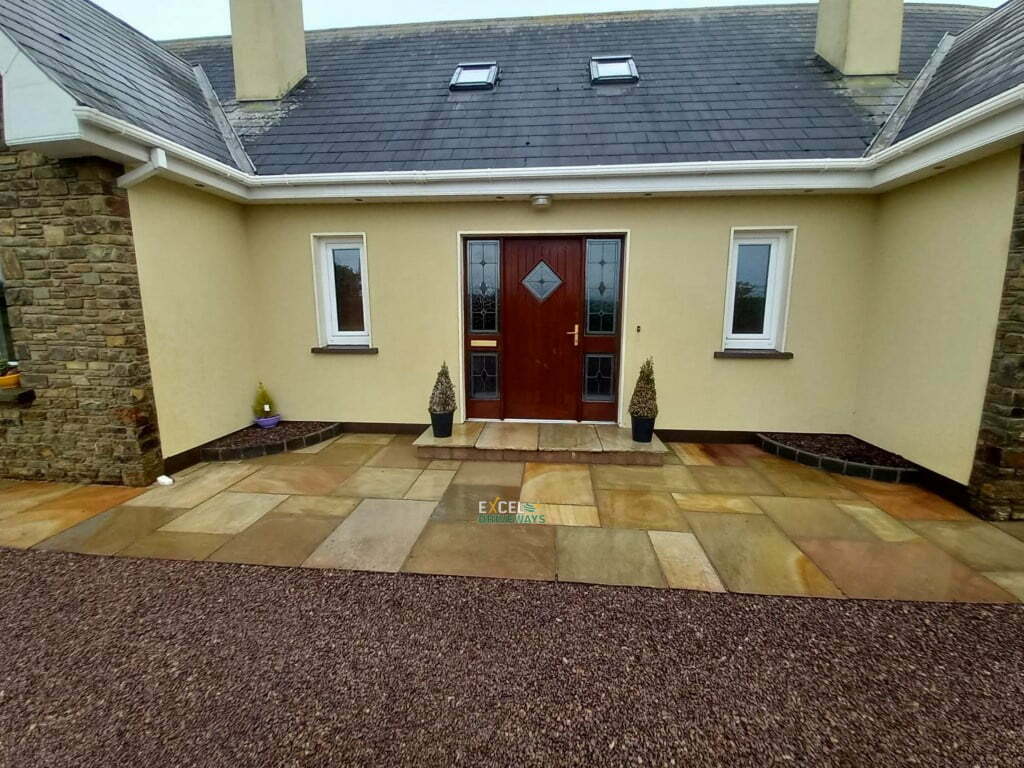 Tar and Chip Driveway with Indian Sandstone Pathways and Patio in